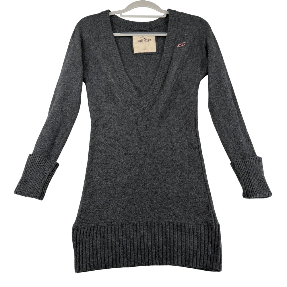 Y2K Hollister V-Neck Sweater Women Small Gray Longline Tunic Rabbit Hair Cotton